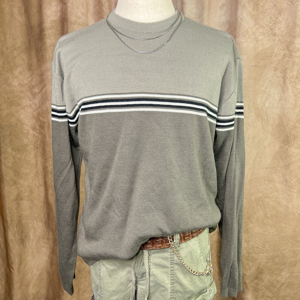 Vintage 90s Indie Skater Sweater Center Stripe Color Block Knit Gray Neutral Y2K